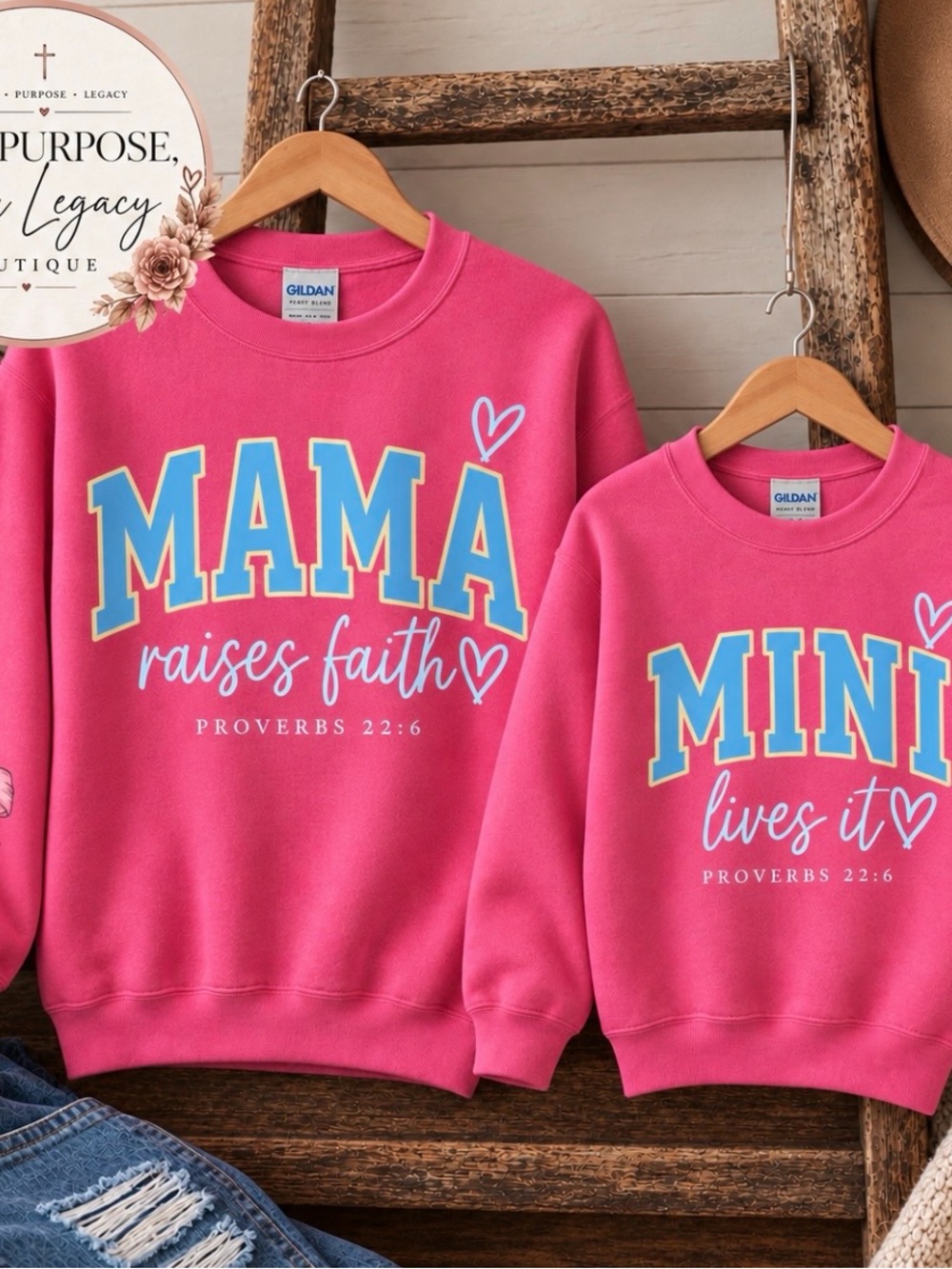 Gildan Pink Mama Raises Faith Sweatshirt with Blue & Yellow Lettering